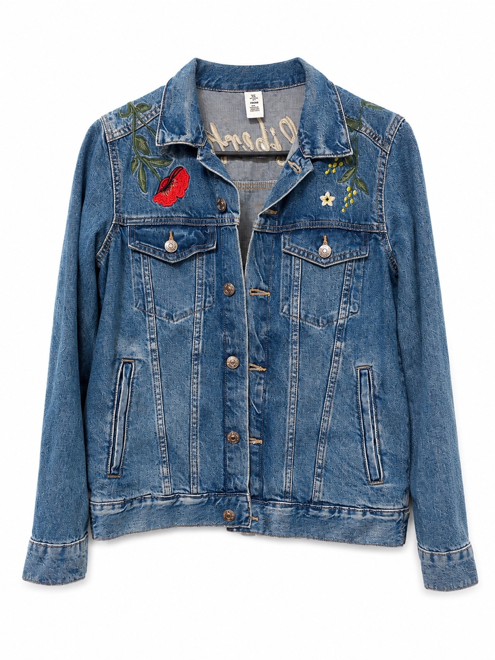 H&M &DENIM Liberté Embroidered Floral Butterfly Denim Jacket Women’s US 6